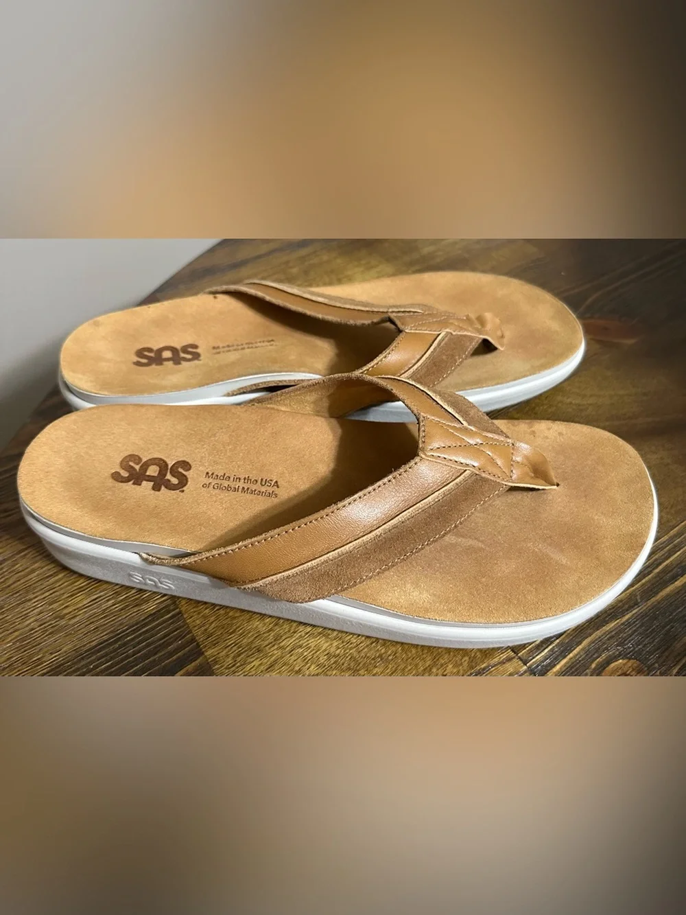 SAS Cognac Brown Leather Thong Sandals